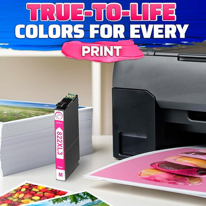 Reluen 5-Pcs 822XL Printer Ink Cartridges – High Capacity 2 Black & 3 Standard Color Combo Pack – Easy to Install and Compatible with WF-3820, WF-3823, WF-4820, WF-4830, WF-4833, WF-4834 Printers