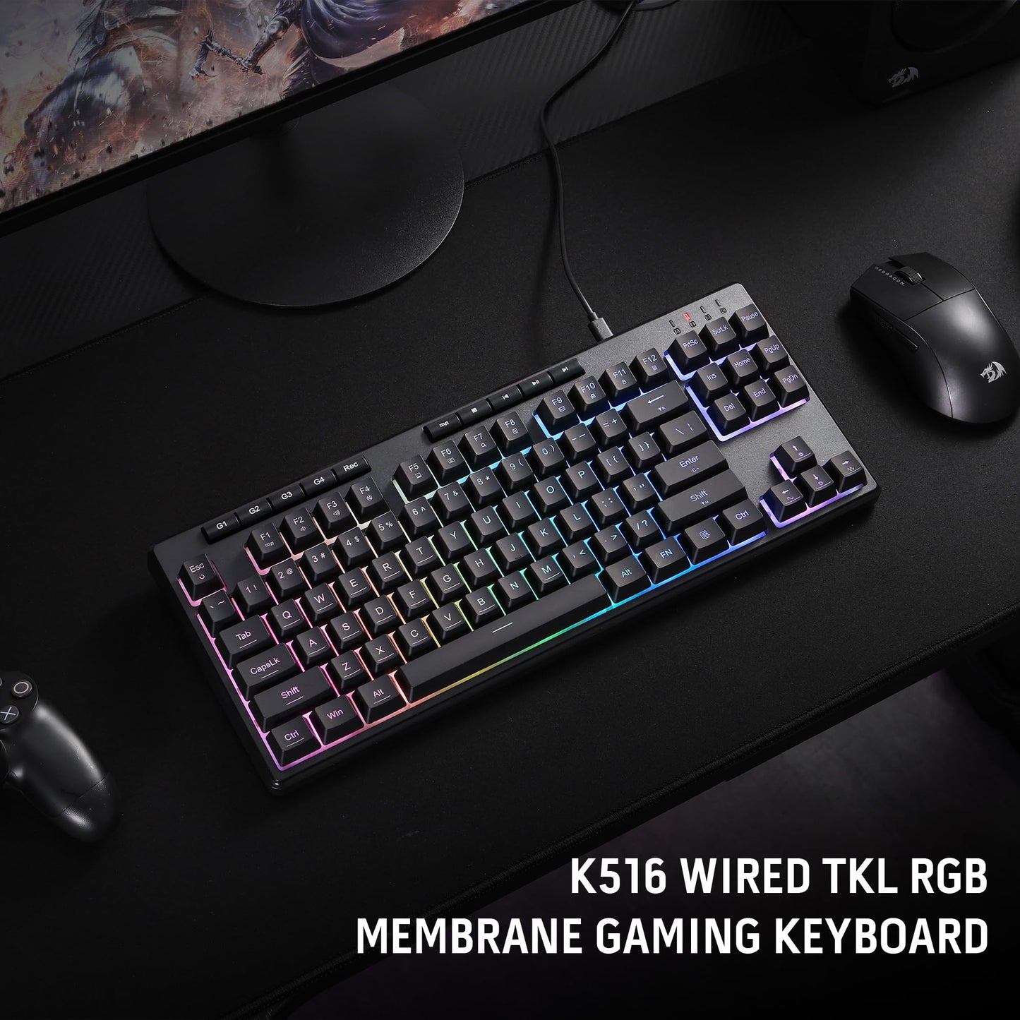 Redragon K516 Shiva TKL Wired RGB Membrane Gaming Keyboard, 87 Keys Mechanical-Feel Keyboard w/Smooth Linear Switch, On-Board Macro & Dedicated Multimedia Keys, 16.8M RGB Backlit, Software Supported
