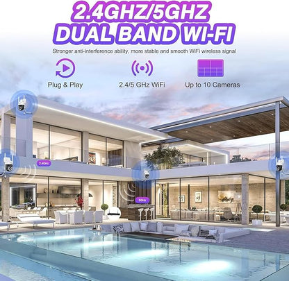 5MP PTZ Security System:CKK 4 PCS Wireless Cameras with 1TB HDD,10-Channel NVR,5G/2.4G WiFi, 2-Way Audio,4K Color Night Vision, Floodlights, Siren, AI Human Detection, Auto Tracking, 24/7 Surveillance