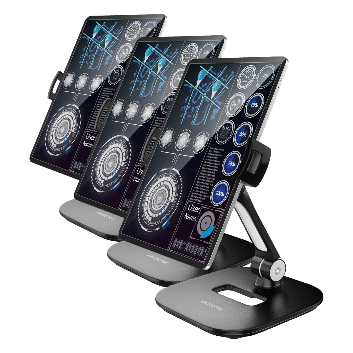 AboveTEK Tablet Stand Holder, Stylish Aluminum iPad Stands, Foldable 360° Swivel Table Stand Holder fits 4-11" Tablets/Smartphones for Kitchen Bedside Office POS Showroom Reception (Black)
