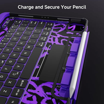 iPad Keyboard Case for 2024 M4 iPad Pro 11 inch, Magic Wireless Keyboard with Trackpad 7 Color Backlit, 360° Rotating Stand Transparent Protective Cover with Pencil Holder (Purple)