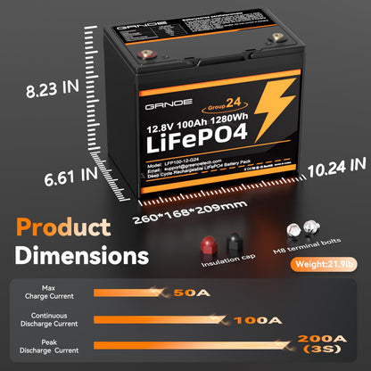 Group 24 LiFePO4 Battery 12V 100Ah, Lightweight 21.9lb Lithium Battery with 100A BMS, 4S4P Expandable, Up to 15,000 Cycles, Ideal for RV, Marine, Solar, Off-Grid, Trolling Motor, DIY Power