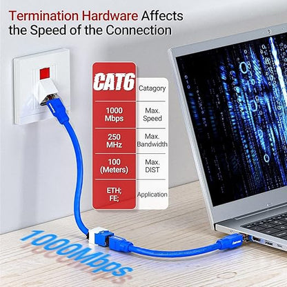 AMPCOM CAT6 RJ45 Keystone Jack - Reusable UTP Ethernet Wall Jack with Adjustable Ratchet Lock Design, No Tool and Zip Tie Required - 50u Gold Plated - Blue (12-Pack)