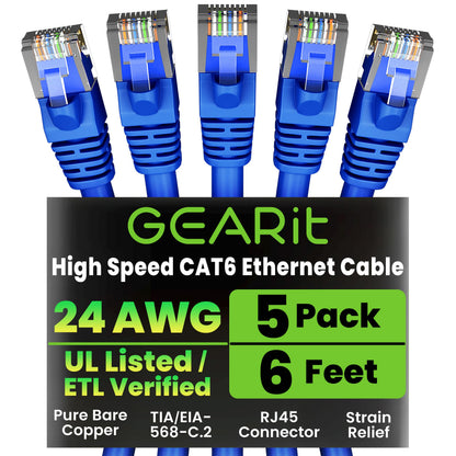 GEARit Cat6 Patch Cables Cat 6 Ethernet Cable 3 ft 5-Pack Black