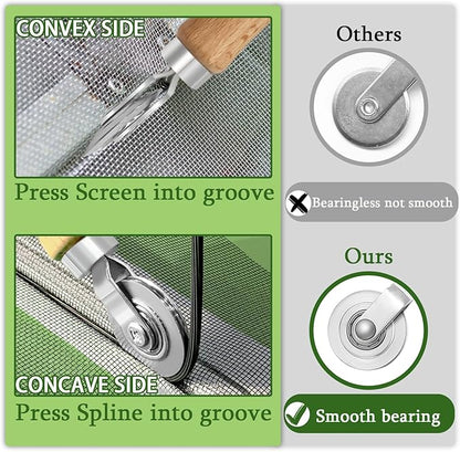 Screen Repair Kit/Tool, King&Charles Screen Roller Tool, Steel Roller with Bear, 32 ft Spline, Removal Hook, 3 in 1 Window Repair Kit, for Installing Door Window Mesh.
