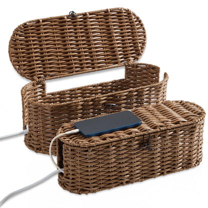 FairyHaus Cable Management Box 2Pack Brown, Handwoven Large and Small Cable Organizer Box Cover to Hide Cords and Power Strip, Imitation Wicker Cord Organizer Box Hider for Office Desk and Floor