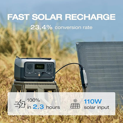 EF ECOFLOW Portable Power Station RIVER 2, 256Wh LiFePO4 Battery/ 1 Hour Fast Charging, 2 Up to 600W AC Outlets, Solar Generator (Solar Panel Optional) for Outdoor Camping/RVs/Home Use