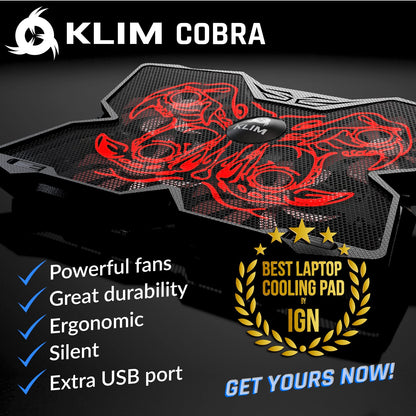 KLIM Wind Laptop Cooling Pad - More Than 500,000 Units Sold - New Version - Powerful Rapid Action Laptop Cooler - Laptop Stand with 4 Cooling Fans - 2 USB Ports - PC Mac PS5 PS4 Xbox One - Cobra Red
