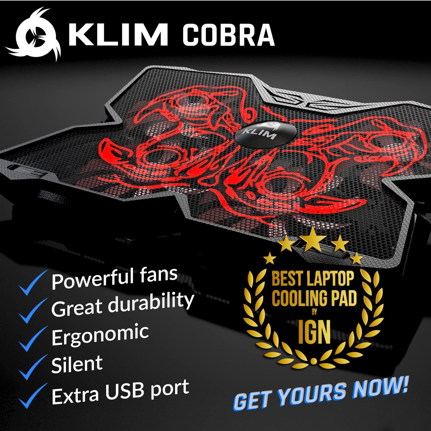 KLIM Wind Laptop Cooling Pad - More Than 500,000 Units Sold - New Version - Powerful Rapid Action Laptop Cooler - Laptop Stand with 4 Cooling Fans - 2 USB Ports - PC Mac PS5 PS4 Xbox One - Cobra Red