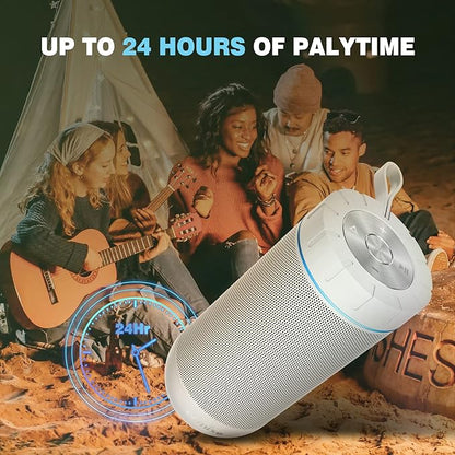 comiso X26 Bluetooth Speaker, IPX4 Waterproof Speakers 360° HD Surround Sound with Punchy Bass, Wireless Dual Pairing, 24H Playtime, Portable Speaker for Shower, Home, Outdoor, Camping, Beach-White