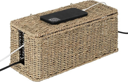 StorageWorks Large Cable Management Box, 2 Slots Wicker Cable Organizer to Hide Cords and Power Strip, Seagrass Cord Hider Box for Home & Office