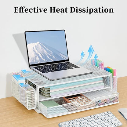 AUPSEN Computer Monitor Stands Riser，2-Tier Desk Organizers and Accessories, Office Desk Accessories Organizer with Drawers and 2 Pen Holder for Office Supplies (White)
