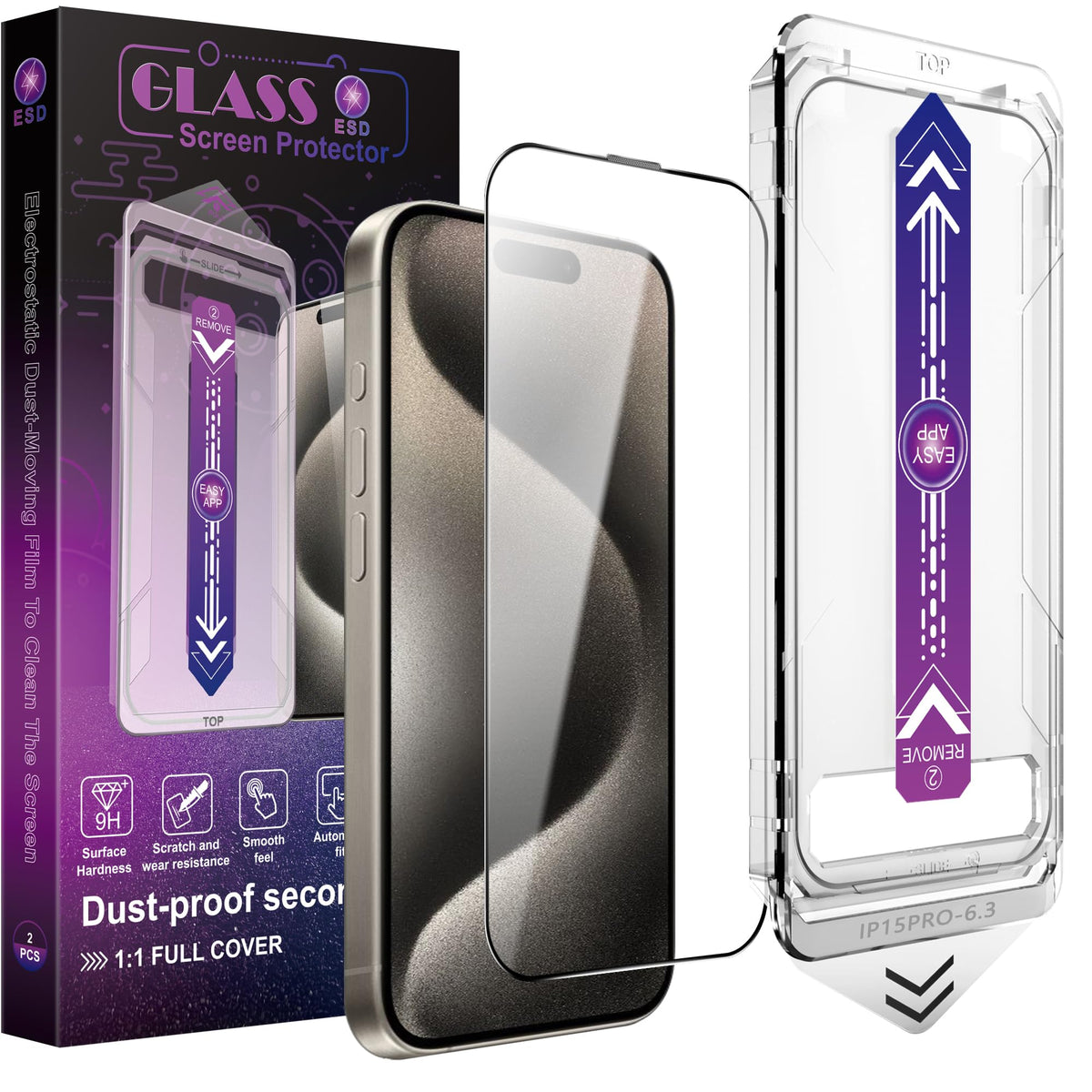 CHRYSHA 2-Pack Screen Protector Tempered Glass for iPhone 15 Pro 6.1-Inch, Auto Dust Removal, No Bubbles, High Definition Clear, Easy Installation