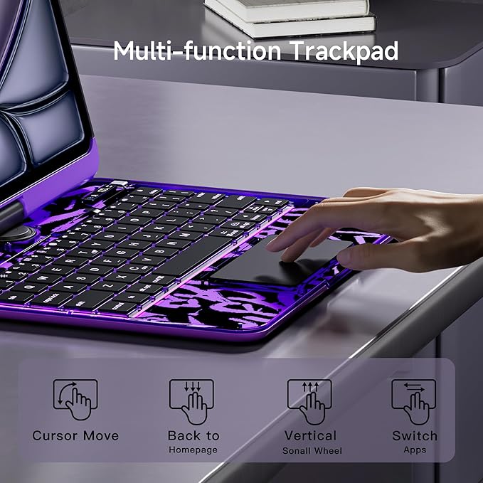 iPad Keyboard Case for 2024 M4 iPad Pro 13 inch, Magic Wireless Keyboard with Trackpad 7 Color Backlit, 360° Rotating Stand Transparent Protective Cover with Pencil Holder (Purple)
