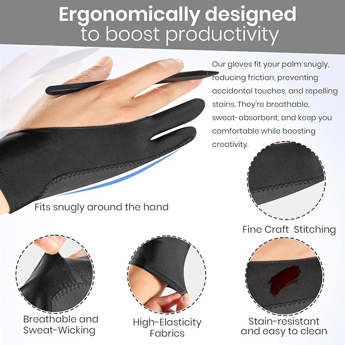 Digital Drawing Glove: 3-Layer Palm Rejection, Two-Finger Artist Glove for Drawing Tablet, iPad, Paper Sketching, Fits Left and Right Hand, Includes Cleaning Cloth(2 Pack,Black,Large)