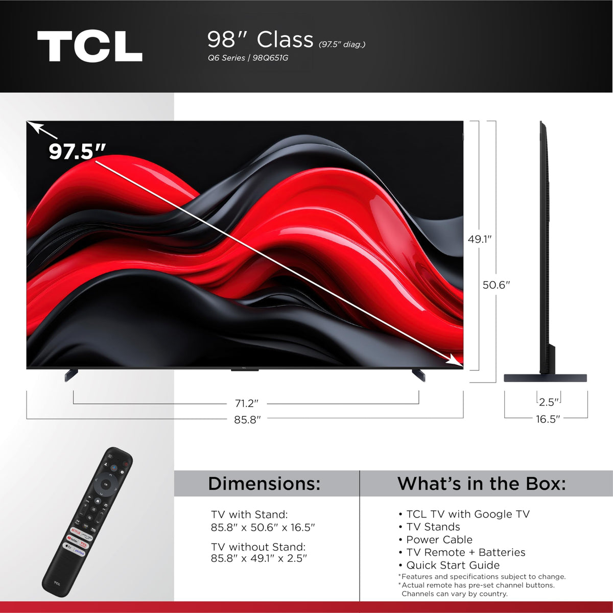 TCL 98-Inch Q65 QLED 4K UHD Smart TV with Google TV (98Q651G, 2024 Model) Dolby Vision, Dolby Atmos, HDR Pro+, Game Accelerator Enhanced Gaming, Voice Remote, Works with Alexa, Streaming Television