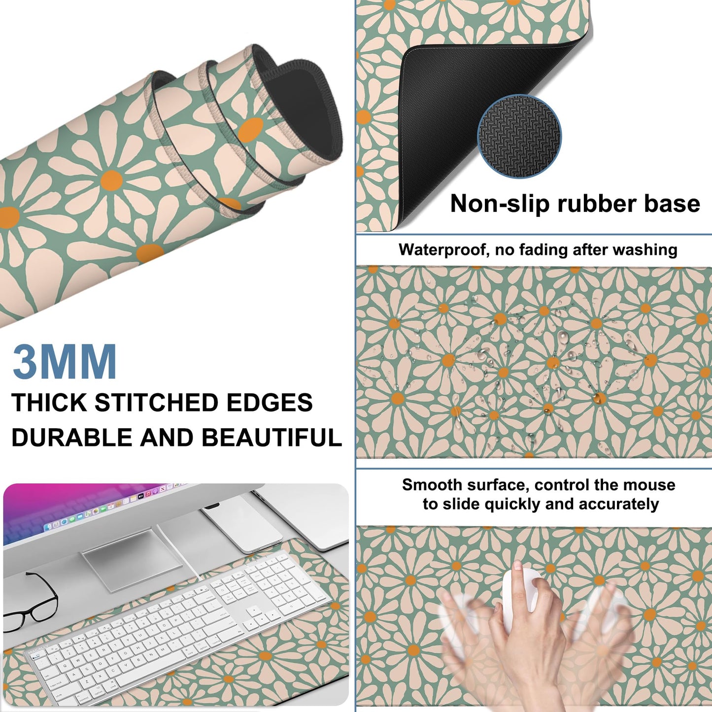 NITAHHHY Retro Daisy Flowers Gaming Mouse Pad 3mm Thick Stitched Edge Waterproof Non-Slip Large Computer Keyboard Mouse Mat,Suitable for Office Entertainment Decorative Desk Pad 35.4 x 15.7 Inches