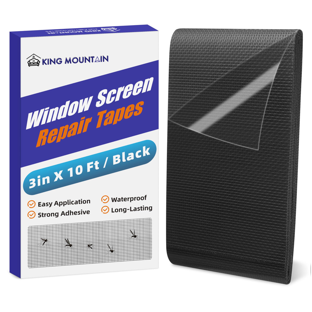 KING MOUNTAIN Black Window Screen Repair Tape,3inX20FT Heavy Duty Screen Repair Kit for Window Screen and Screen Door Tears Holes,Strong Adhesive & Waterproof Window Screen Patch