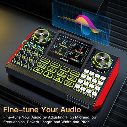Audio mixer, suitable for live streaming, singing, and gaming on computer/phone; soundboard for 3.5mm condenser microphone; podcast mixer with live sound card, noise reduction, and one-touch mute