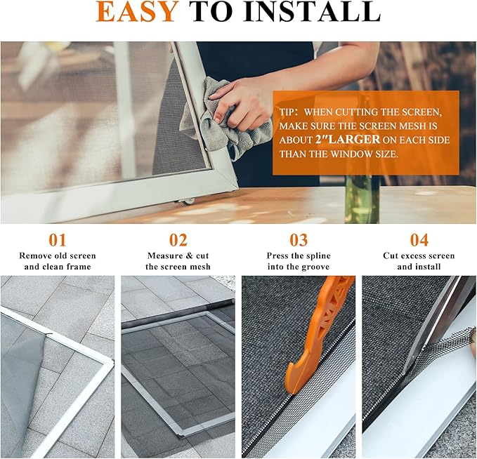 2PACK MAGZO Window&Door Screen Replacement Kit, 48''W x 99''L, with Retainer Spline (Total 65.6 FT) and Press-Fit Roller Tool, Polyester Scratch-Proof, Net Roll Repair for Sliding/House Windows, Black