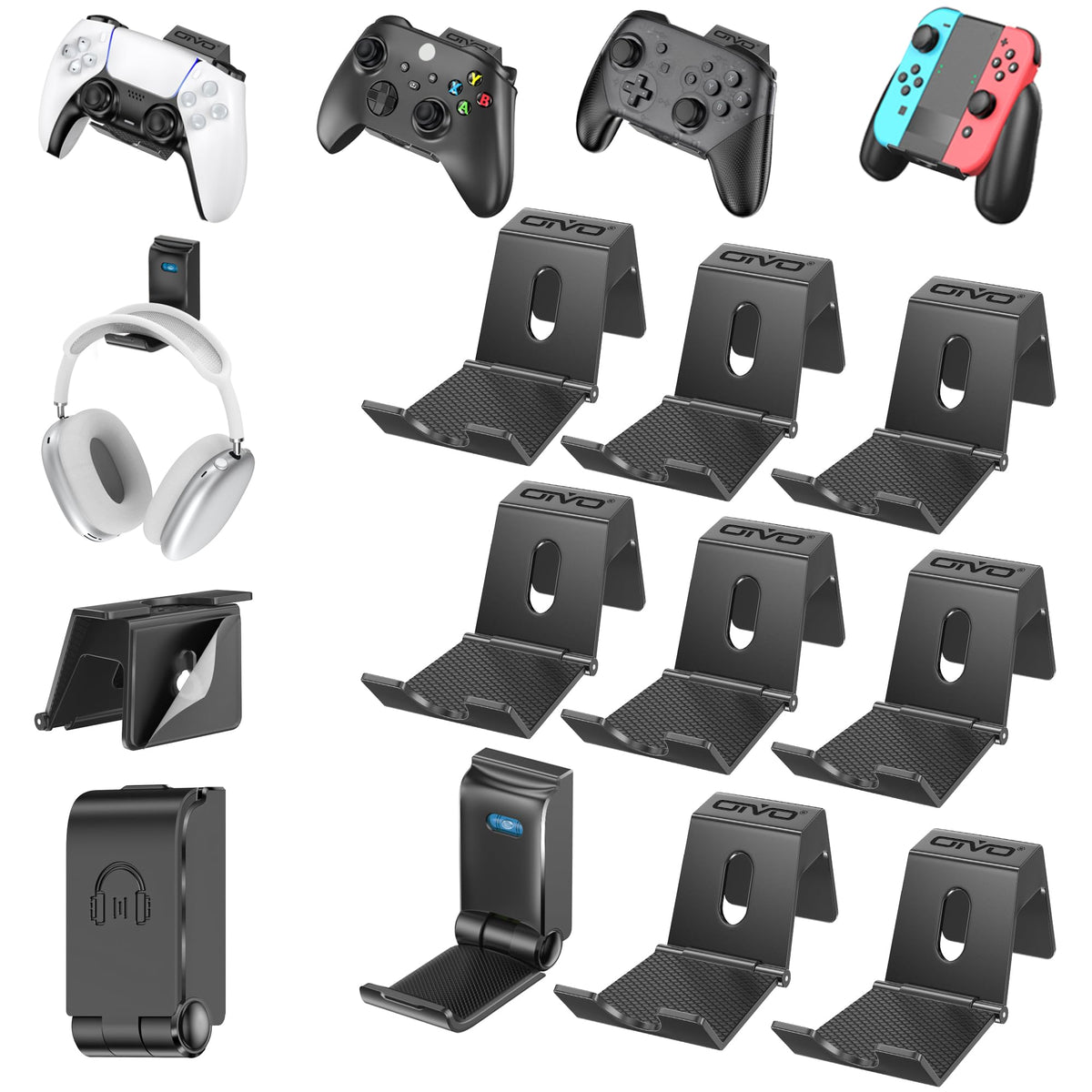 OIVO Controller & Headset Wall Mount Holder Stand, Foldable Headphone Stand, Gaming Controller Holder Hanger Hook, Universal Storage Organizer Controller/Earphone/Game Accessories-9 Packs