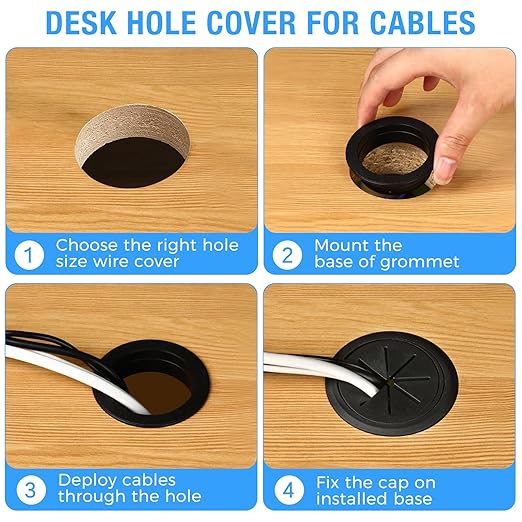 Desk Grommet 2-1/16" (53 mm), Desk Hole Cover for Cables Black, Cable Grommet ABS Plastic, Desk Hole Grommet for Office and Home Table Cable, Detachable & Flexible Cable Cord Organizer-2 Pcs