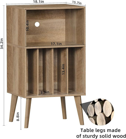 Lerliuo Record Player Stand, Oak Turntable Stand Holds up to 160 Albums, Mid-Century Vinyl Storage Cabinet Table with Solid Wood Legs, Record Player Holder Dispaly Shelf for Bedroom Living Room
