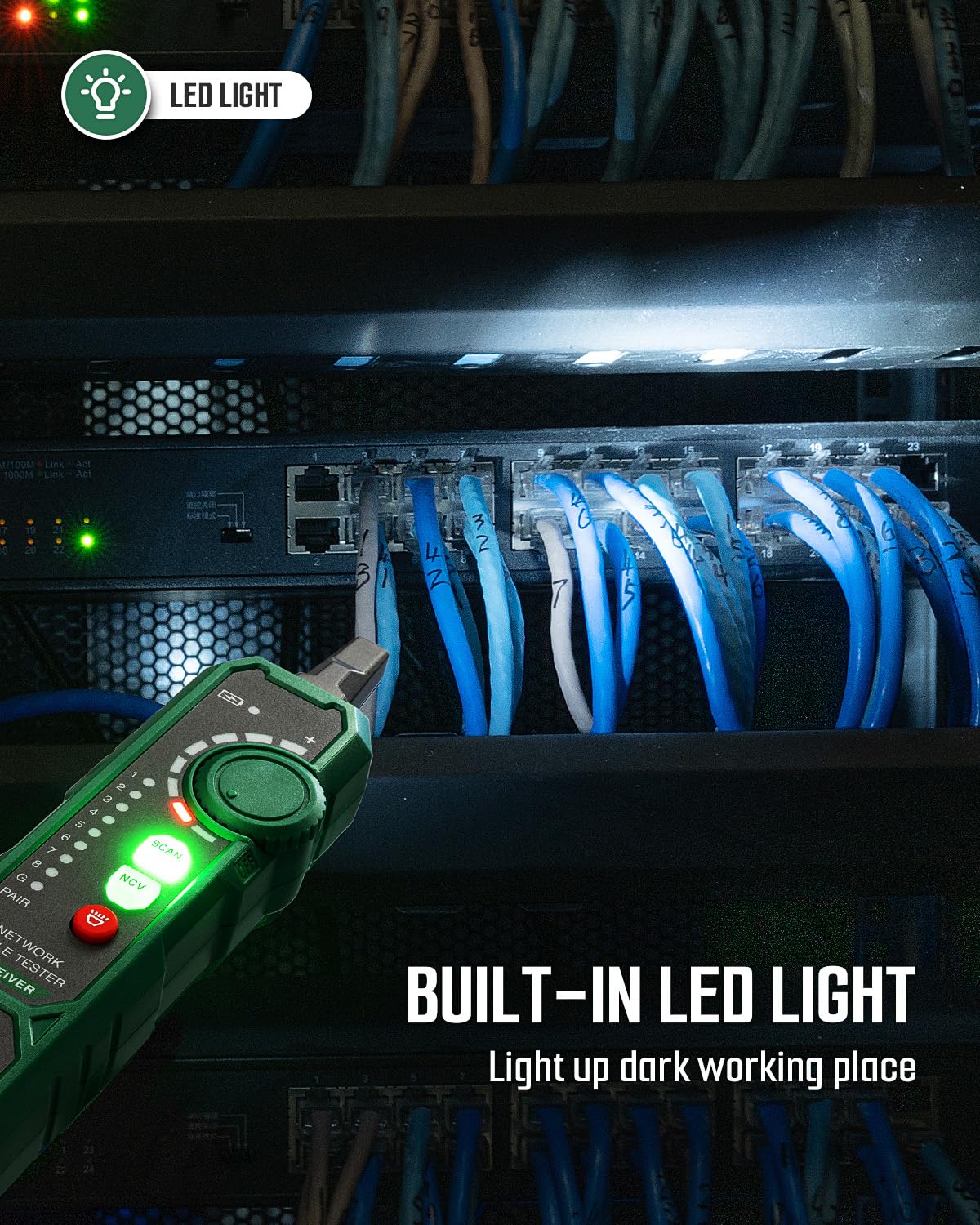 TESMEN TLP-900AR Network Cable Tester, RJ11 RJ45, for CAT5/6/POE/STP, Multi-function Cable Tracer with Pairing, Continuity, QC&NCV, Suitable for Ethernet, Telephone, Wire maintenance and sorting-Green