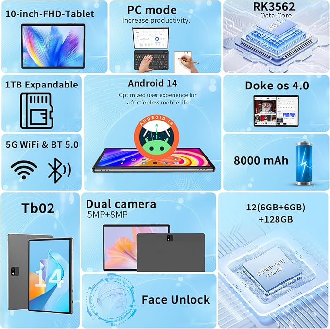 JJGJ Android 14 Tablet with Keyboard, 12GB RAM (6+6), 128GB Storage, 1TB Expandable, 8000mAh Battery, 10 Inch 2-in-1 Tablets, Includes Case, Mouse & Stylus（Black Case）