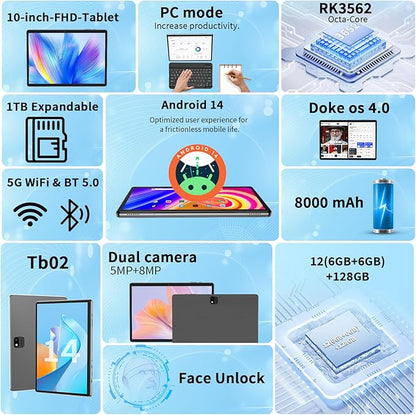 JJGJ Android 14 Tablet with Keyboard, 12GB RAM (6+6), 128GB Storage, 1TB Expandable, 8000mAh Battery, 10 Inch 2-in-1 Tablets, Includes Case, Mouse & Stylus（Black Case）