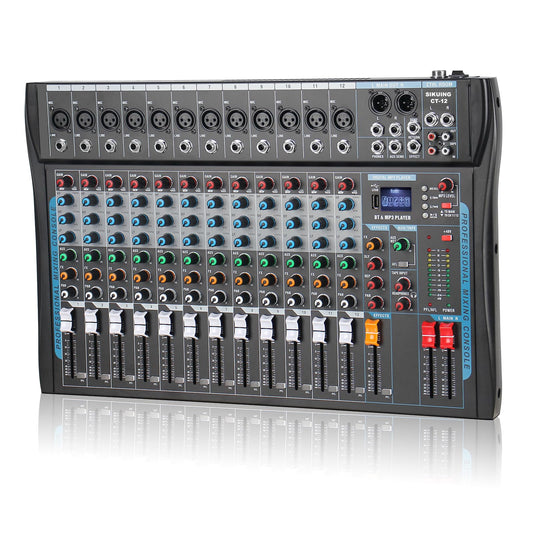 SIKUING 12 Channel Audio Interfacer Sound Board Mixer DJ Mixer 16-Bit DSP Effect USB Audio Mixer +48V Phantom Power Bluetooth Mixer for Karaoke Studio Streaming Recording,Live Streaming