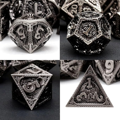 PJOY Metal DND Dice Set Antique Silver Dragon Scale D&D Polyhedral Dice with Dice Case for Dungeons and Dragons TTRPG Gifts