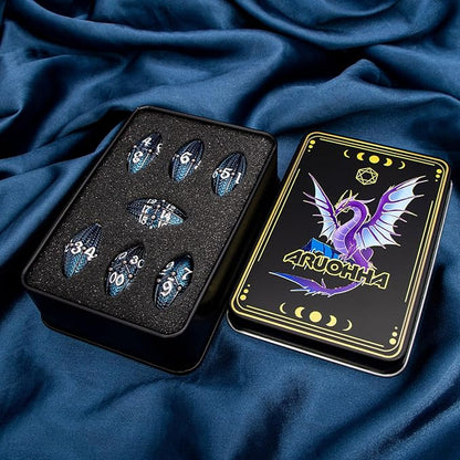 ARUOHHA DND Metal Dice Black Blue Dragon Egg Dice with Metal Box, Role Playing Game Polyhedral D and D Dice Set D20 D12 D10 D8 D6 D4