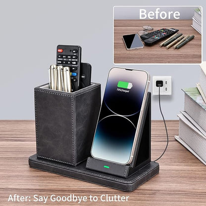 Wireless Charger with Desk Organizer, Wireless Charging Station for iPhone 13/13 Pro Max/13 Pro/12 Series/11/XS Max/XR/X/8Plus/SE 2, Wireless Charging Stand with Leather… (Gray)