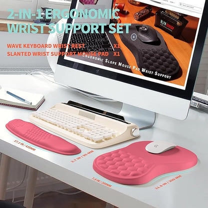 2-in-1 Ergonomic Set, Wave Rise Keyboard Wrist Rest and Massage Bulge Slope Mouse Pad Wrist Support, Cushion Memory Foam Integrated to Relieve Wrist Pain, Muskmelon Pink