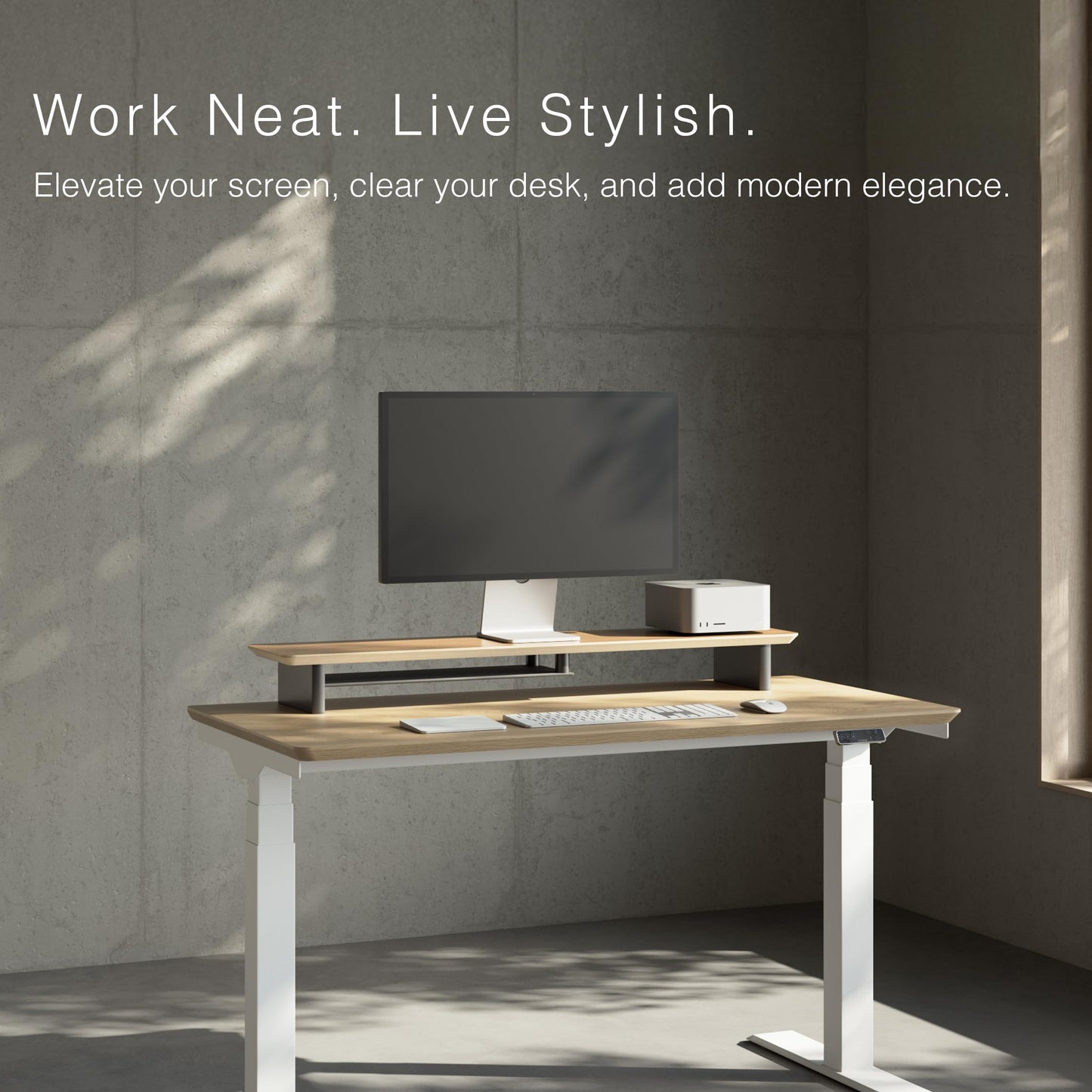 amesoba White Oak Dual‑Tier Ergonomic Desk Setup – Modern Wooden Monitor Stand & Workspace Riser, Home Office & Minimalist Aesthetic (White Oak, Large)