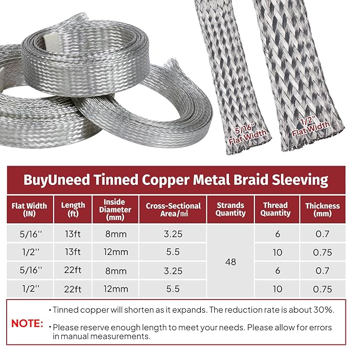 Tinned Copper Metal Braid Sleeving Wire Shielding Sleeve Braided Copper Ground Straps EMI/RFI Interference Expandable Flat Mesh Shielding Cable for Protect Wire (1/2inch-13ft)