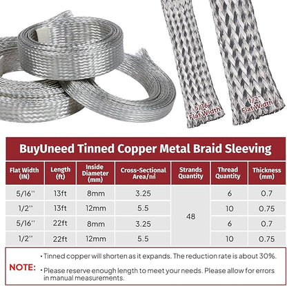 Tinned Copper Metal Braid Sleeving Wire Shielding Sleeve Braided Copper Ground Straps EMI/RFI Interference Expandable Flat Mesh Shielding Cable for Protect Wire (1/2inch-13ft)