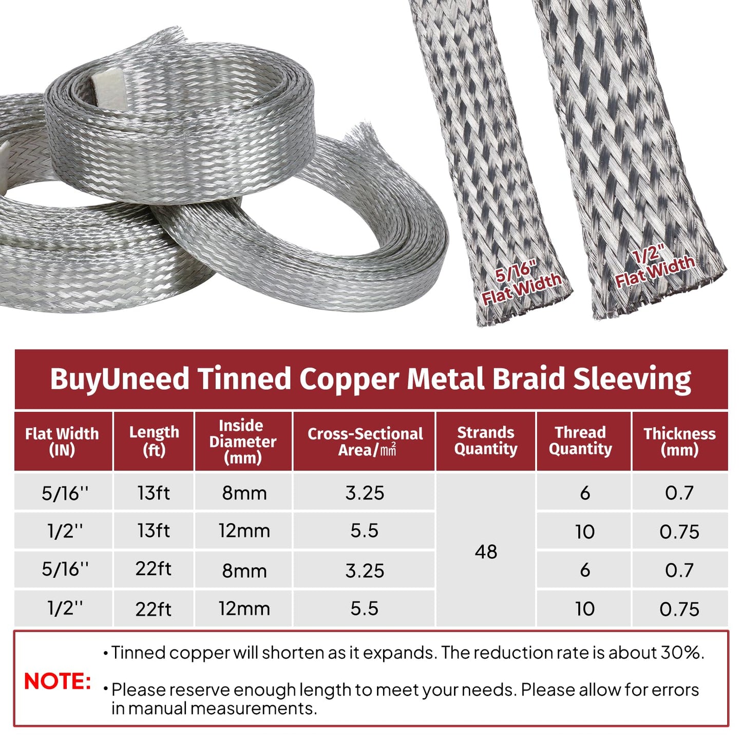 BuyUneed Tinned Copper Metal Braid Sleeving Wire Shielding 1/2inch-13ft