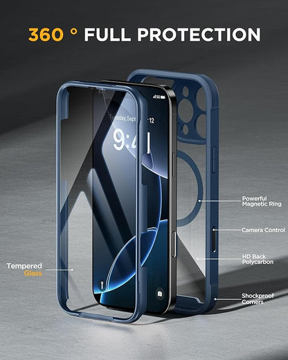 Miracase Magnetic for iPhone 16 Pro Case Full-Body Phone with Built-in Glass Screen Protector, [Compatible with MagSafe] Military Drop Proof 16 Pro Cover Bumper 6.3 inch, Blue