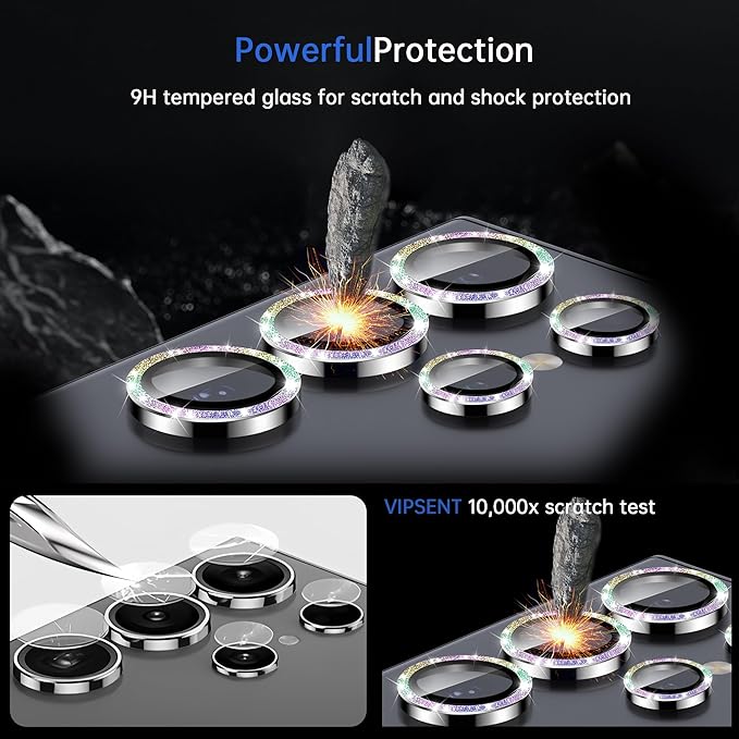 For Samsung Galaxy S25 Ultra Camera Lens Protector, Individual Lens Protector, Ultra HD 9H Tempered Glass Screen Protective Cover, Anti-scratch, Military Grade Drop Protection 2 Set. (Glitter Colorful, S25 Ultra)