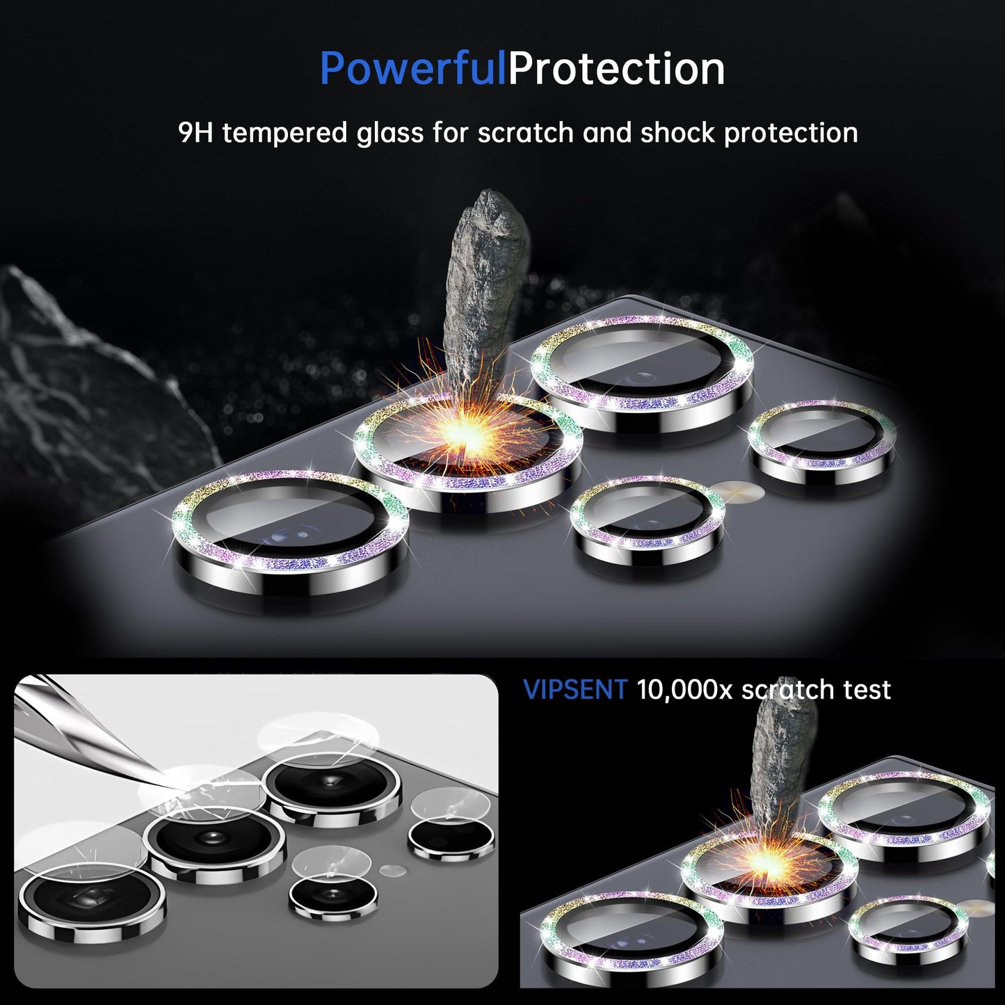 VIPSENT For Samsung Galaxy S25 Ultra Camera Lens Protector, Individual Lens Protector, Ultra HD 9H Tempered Glass Screen Protective Cover, Anti-scratch, Military Grade Drop Protection 2 Set. (Glitter Colorful, S25 Ultra)