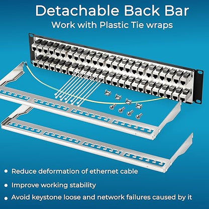 Rapink 48 Port Cat6A Patch Panel with Inline Keystone 10G Support, Shielded STP, 1U Network Patch Panel for Cat7, Cat6, Cat6A, Cat5e