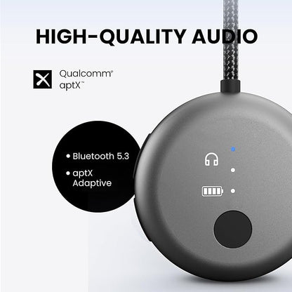 Avantree SoundJet R1 – Airplane Bluetooth Adapter for Headphones & AirPods, aptX Adaptive, Qualcomm Chipset, 20H Battery, Wireless Audio Transmitter for in-Flight Travel Essentials - Metallic Black