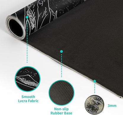 Japanese Gaming Mouse Pad Abstract Black Mouse Pad 31.5x11.8 Inch Black Sea Wave Texture Non-Slip Rubber Base Large Ocean Mousepad Stitched Edges Keyboard Mouse Mat Desk Pad for Office and Home