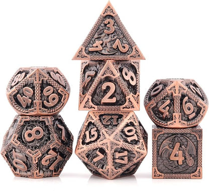 PJOY Metal DND Dice Set D&D Dragon Dice Copper with Metal Case D and D Dice for Dungeons and Dragons TTRPG Gifts