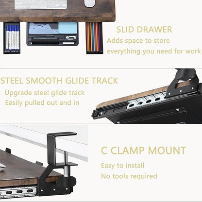 ETHU Keyboard Tray Under Desk, Ergonomic Corner Keyboard Tray with 180° Adjustable C Clamp for L Shape Desk 26.77" X 12.2" Easy to Install, Computer Keyboard Stand for Home and Office(Wood)
