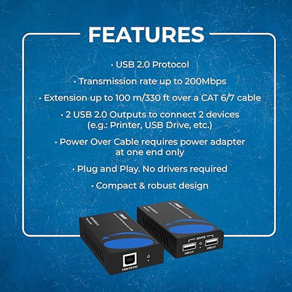 OREI USB 2.0 Over Ethernet Cat5e/6 Extender LAN Upto 330 Feet - Extends 2 Ports USB-A Signal Over LAN Ethernet - Power Over Cable for Long Distance Extension Supports All Operating System