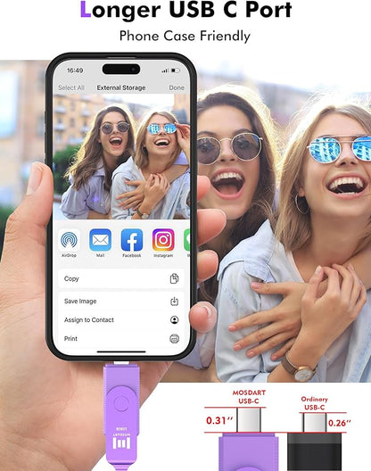 MOSDART 128GB Dual USB C Flash Drive, Speed Up to 150MB/S Type C 3.1 Thumb Drive with Keychain and LED Indicator, exFAT Memory Stick for iPhone 15 and 16, iPad, Android Phone, Tablet, Laptop, Purple