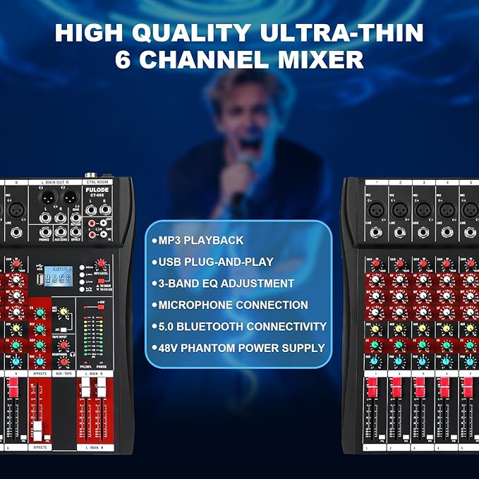 6 Channel Audio Mixer, Professional Music Mixer Board DJ Mixing Console with Bluetooth, USB/MP3 Player, Reverb, and 48V Phantom Power for Studio Recording, Karaoke, and Live Performances